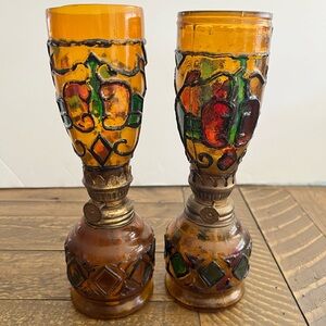 Vintage Pair Oil Lamp Amber Stained Glass Style 1 Is Sail Boat Brand Hong Kong